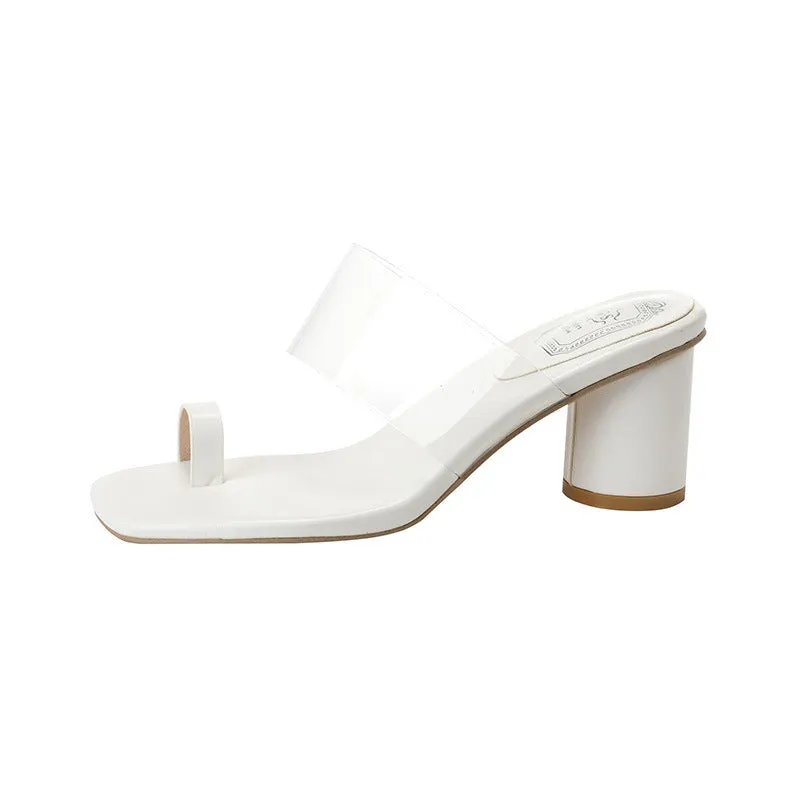 Toe covering transparent ankle-strap chunky heel outdoor slippers in black with black rubber sole and square head design