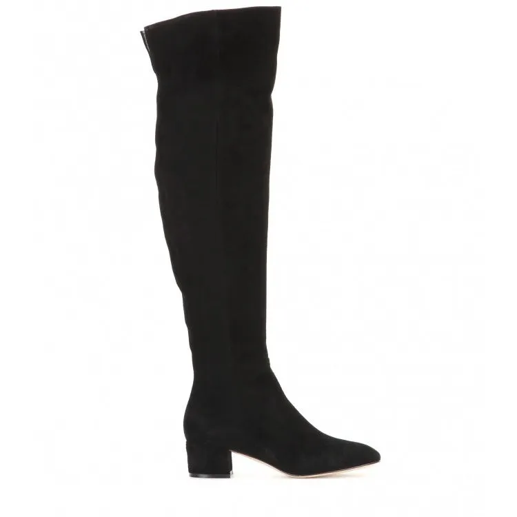 Grey suede women's over the knee flat boots with a pointed toe and thick low heel on a neutral background.
