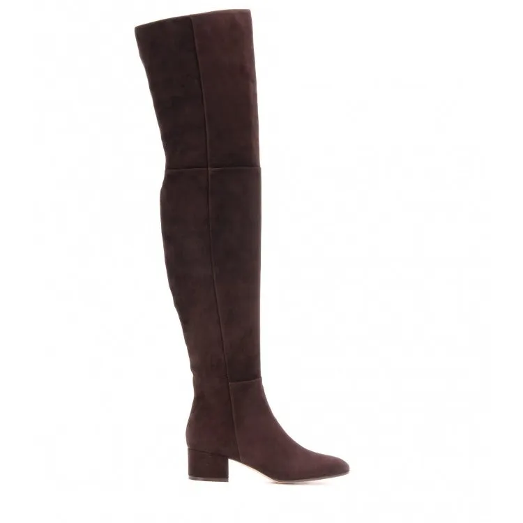 Grey suede women's over the knee flat boots with a pointed toe and thick low heel on a neutral background.