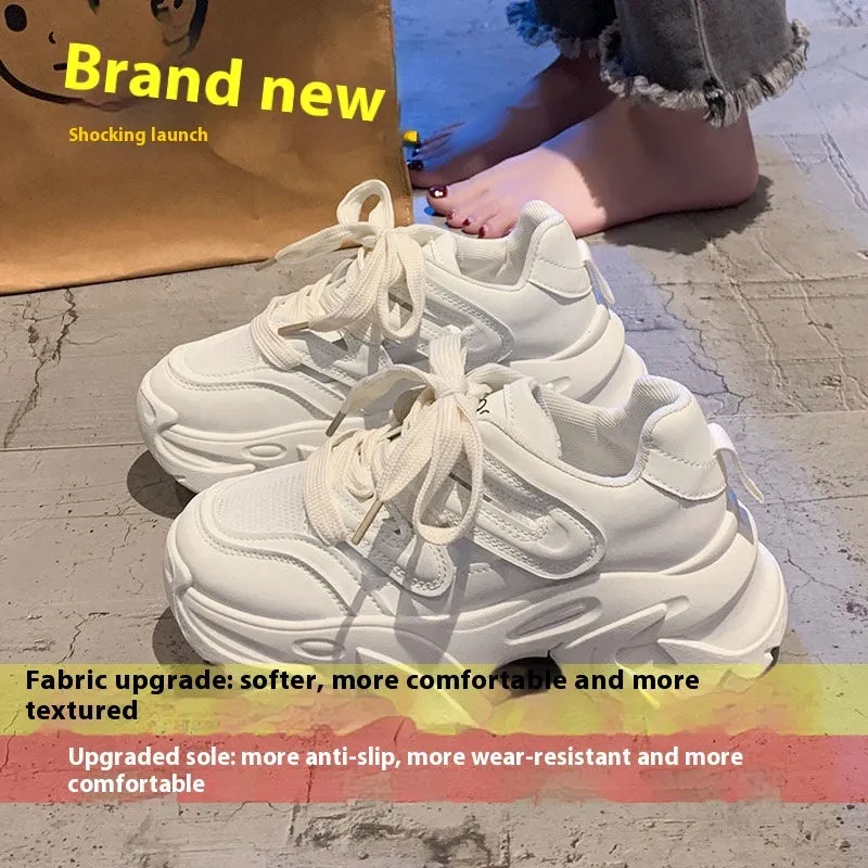 Women's height increasing thick bottom platform shoes in beige with synthetic leather upper, round toe, and front lace-up closure