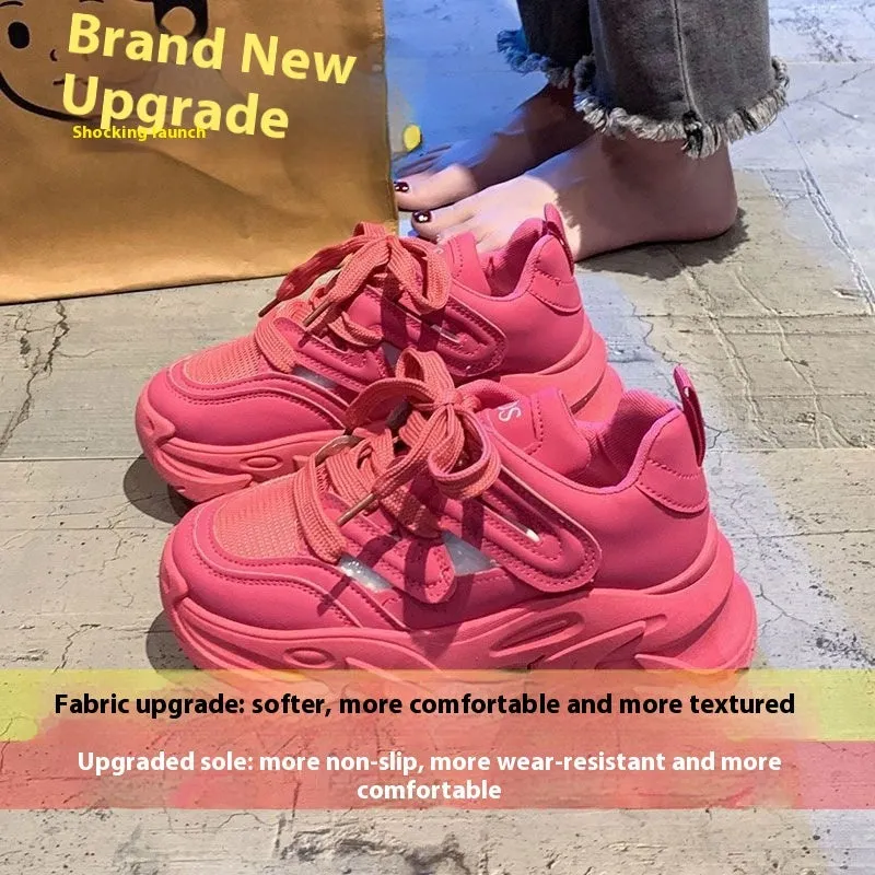 Women's height increasing thick bottom platform shoes in beige with synthetic leather upper, round toe, and front lace-up closure