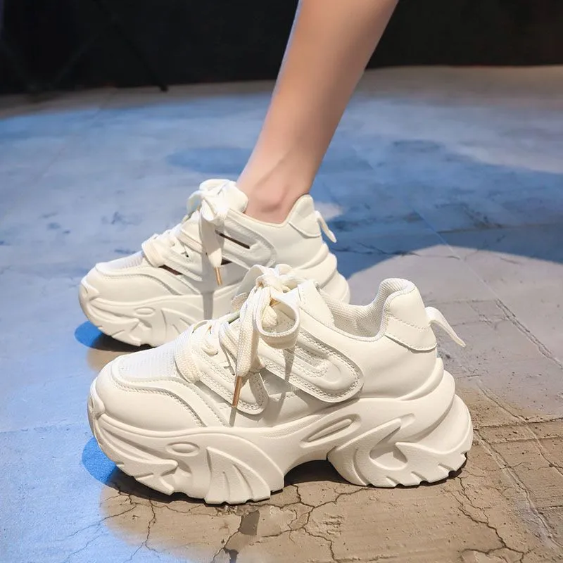 Women's height increasing thick bottom platform shoes in beige with synthetic leather upper, round toe, and front lace-up closure