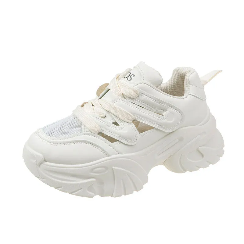 Women's height increasing thick bottom platform shoes in beige with synthetic leather upper, round toe, and front lace-up closure