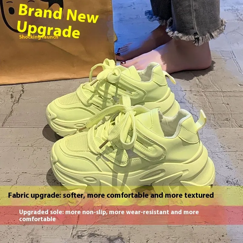 Women's height increasing thick bottom platform shoes in beige with synthetic leather upper, round toe, and front lace-up closure
