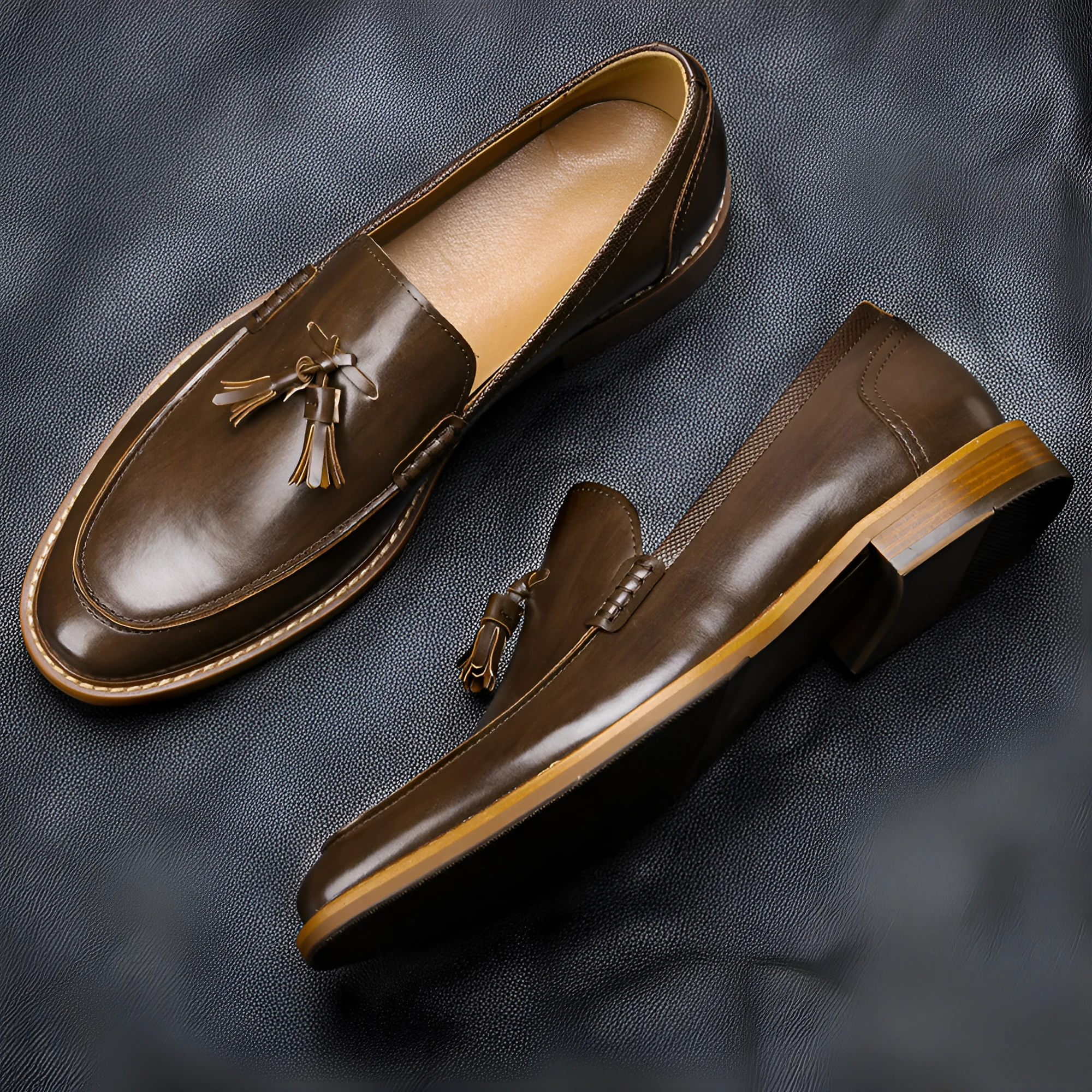 Wood grain tassel loafers, low-top slip-on formal shoes with leather toe cap, PU upper, men's footwear