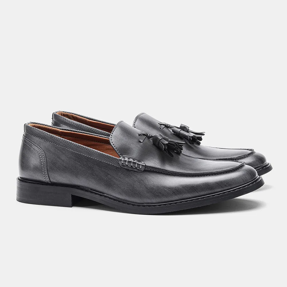 Wood grain tassel loafers, low-top slip-on formal shoes with leather toe cap, PU upper, men's footwear