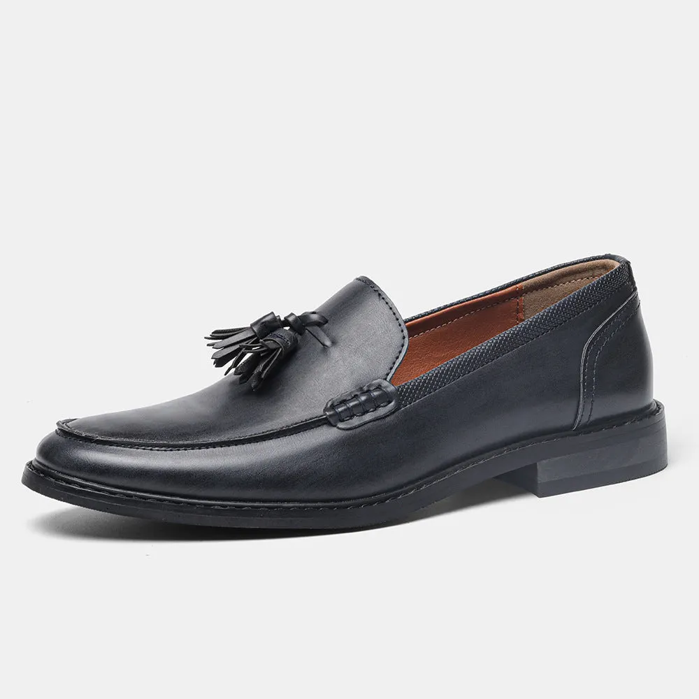 Wood grain tassel loafers, low-top slip-on formal shoes with leather toe cap, PU upper, men's footwear