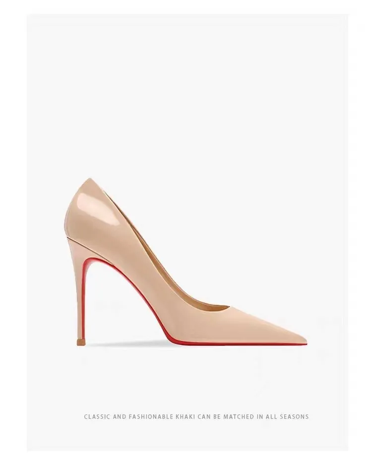 Women's pointed low-cut patent leather stiletto heels in black solid colour with stiletto heel and pointed toe