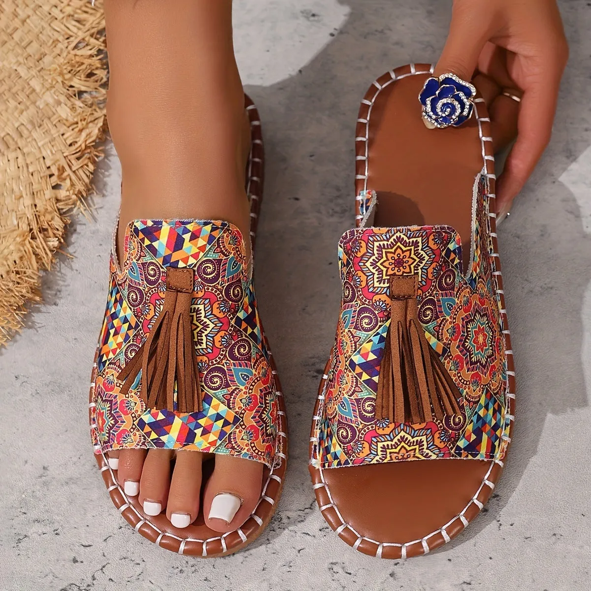 Women's tassel flat sandals in first layer cowhide with grape particle accents, Roman style, fish mouth toe, available in multiple colours