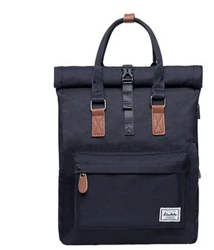 Polyester casual backpack in black, dark grey or green, showing zippered opening and under 20L capacity.