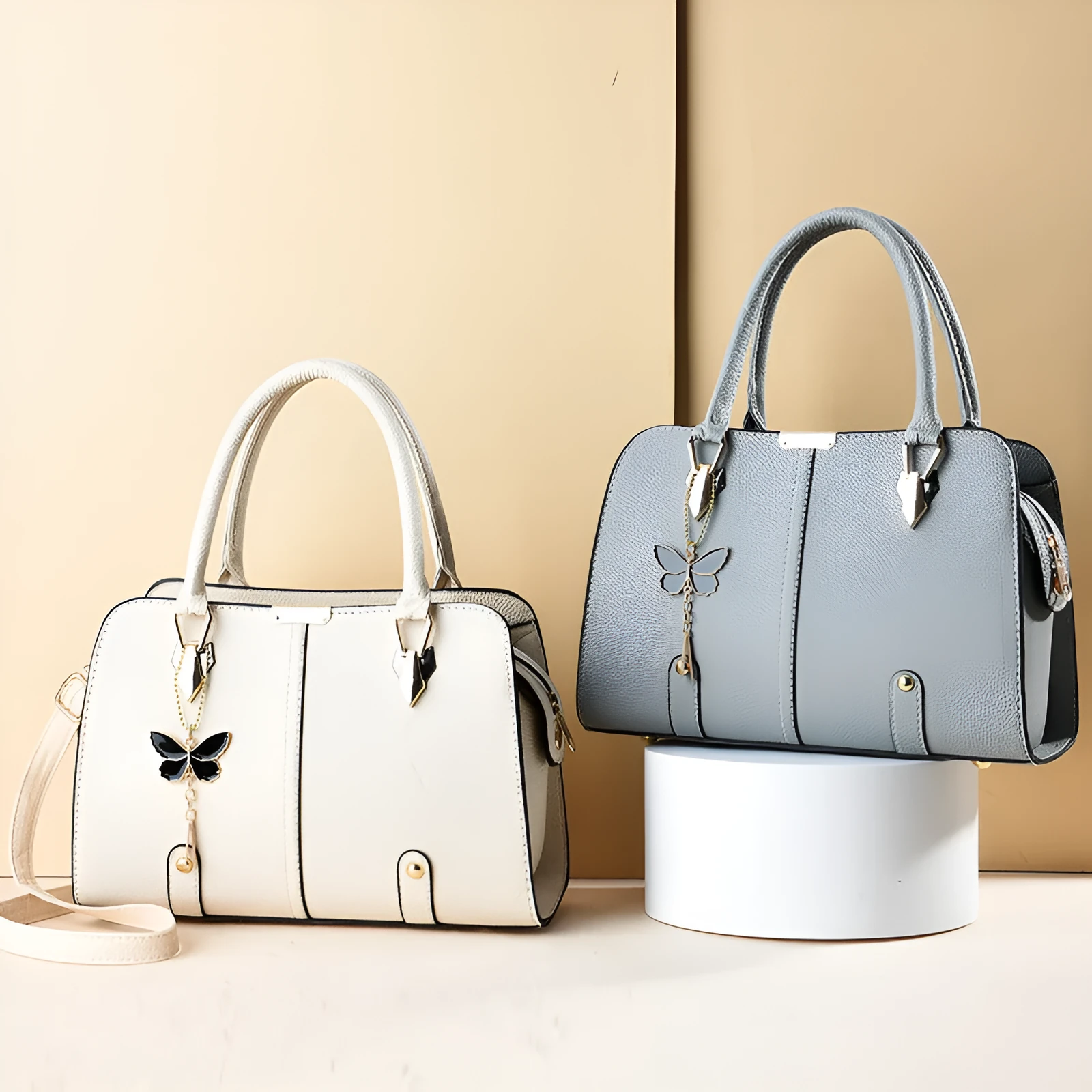 Large capacity lychee pattern women's handbag in PU – horizontal square shape with double straps
