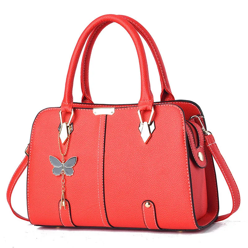 Large capacity lychee pattern women's handbag in PU – horizontal square shape with double straps