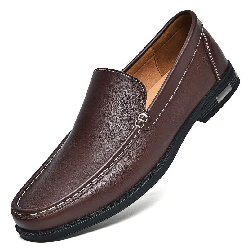 Breathable brown leather casual shoes for men with round toe, car-stitching detail, and leather covers