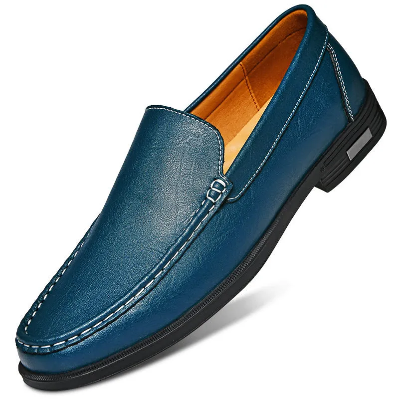 Breathable brown leather casual shoes for men with round toe, car-stitching detail, and leather covers