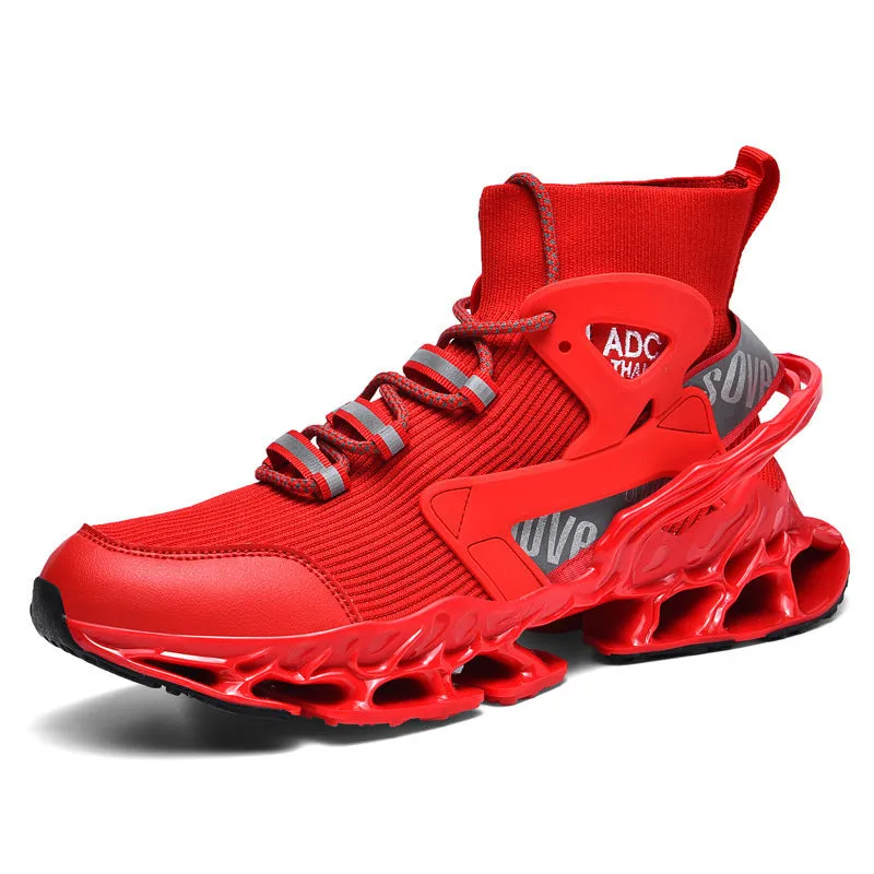 Men's high-top shock-absorbing running mesh sneaker in black with white sole, side view showing mesh upper and shaped heel