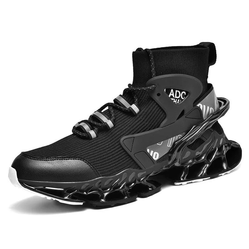 Men's high-top shock-absorbing running mesh sneaker in black with white sole, side view showing mesh upper and shaped heel