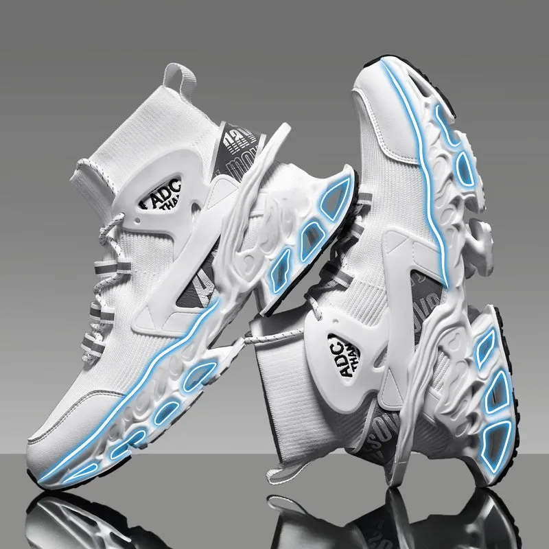 Men's high-top shock-absorbing running mesh sneaker in black with white sole, side view showing mesh upper and shaped heel