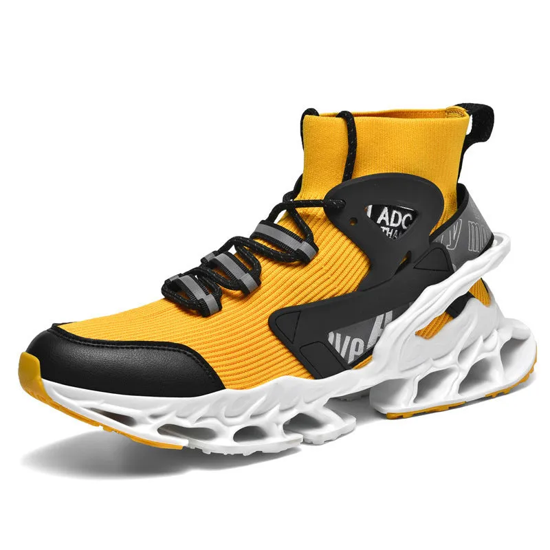 Men's high-top shock-absorbing running mesh sneaker in black with white sole, side view showing mesh upper and shaped heel