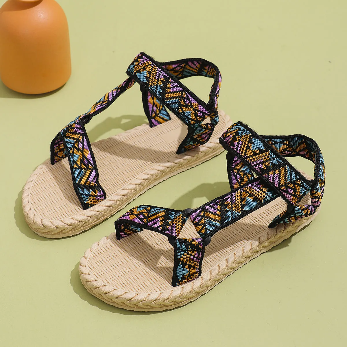 Women's non-slip soft sole round toe sandals with cloth upper and leather stitching in colour and yellow green