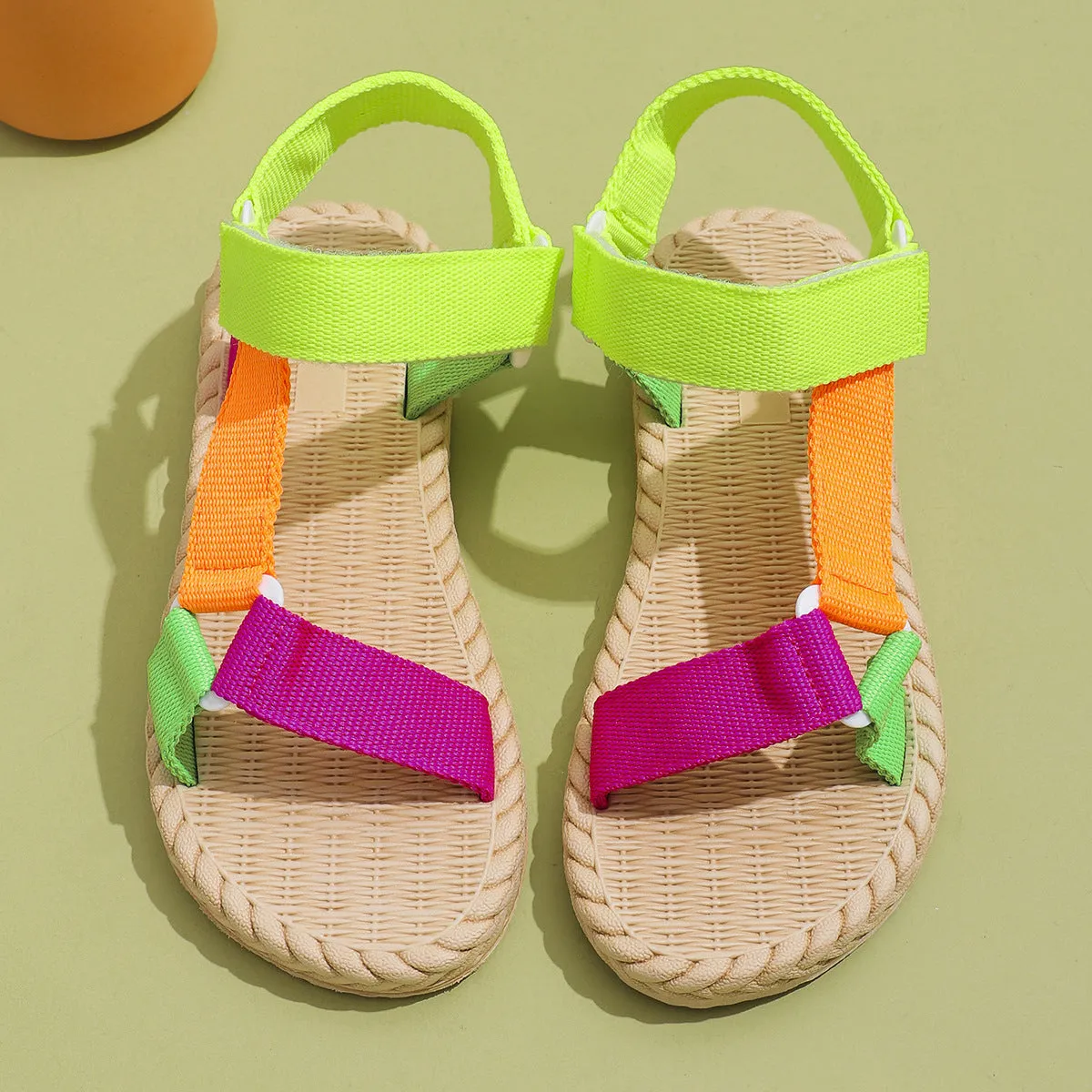 Women's non-slip soft sole round toe sandals with cloth upper and leather stitching in colour and yellow green