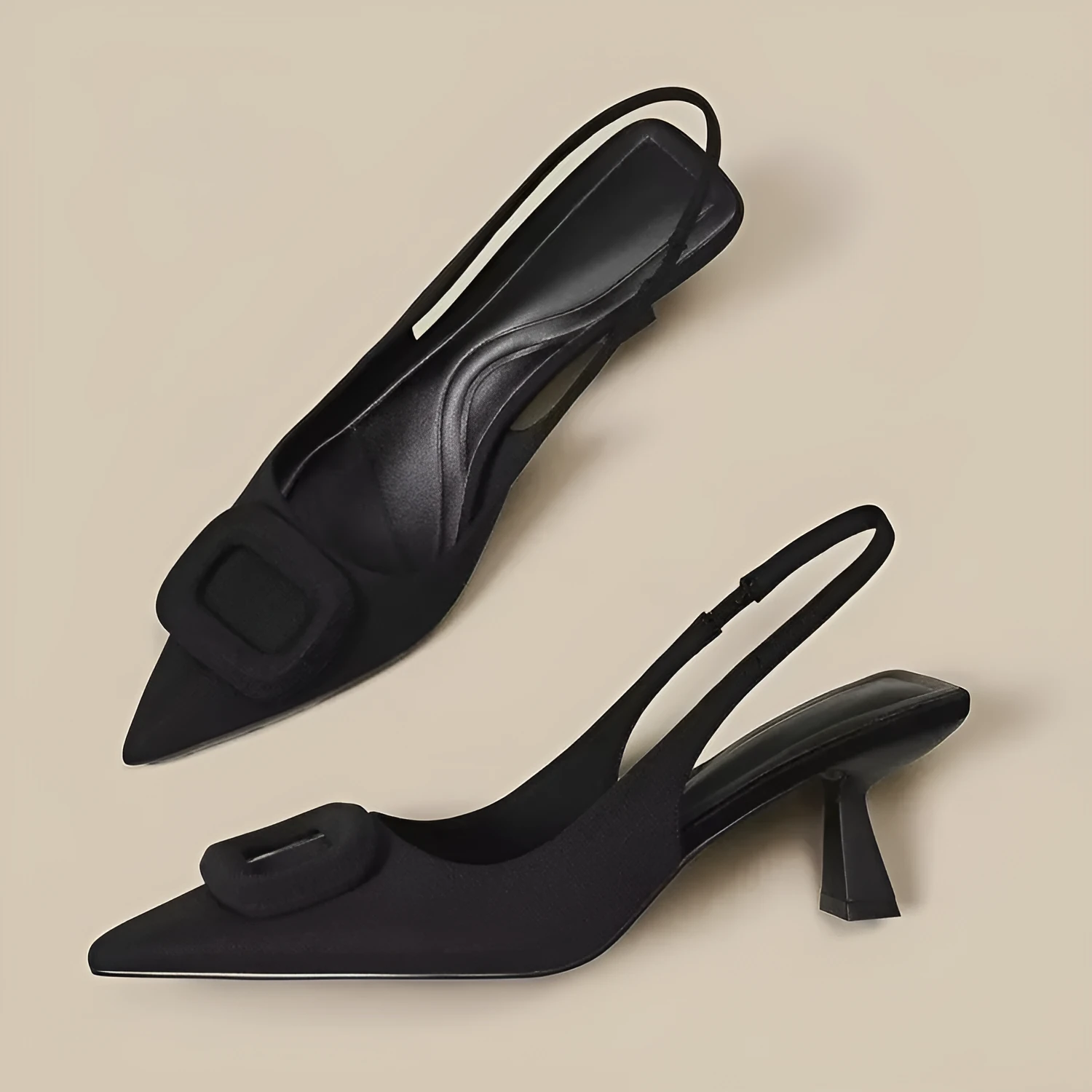 Pointed toe classy high heels with French square buckle in black, cream white, and silver. Microfiber and rubber construction. Sizes 35 to 39.