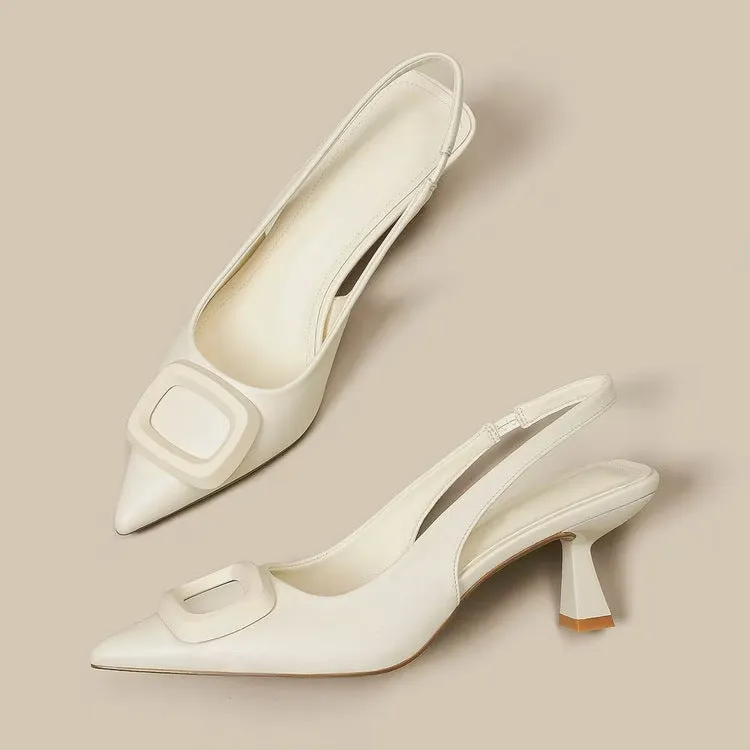 Pointed toe classy high heels with French square buckle in black, cream white, and silver. Microfiber and rubber construction. Sizes 35 to 39.