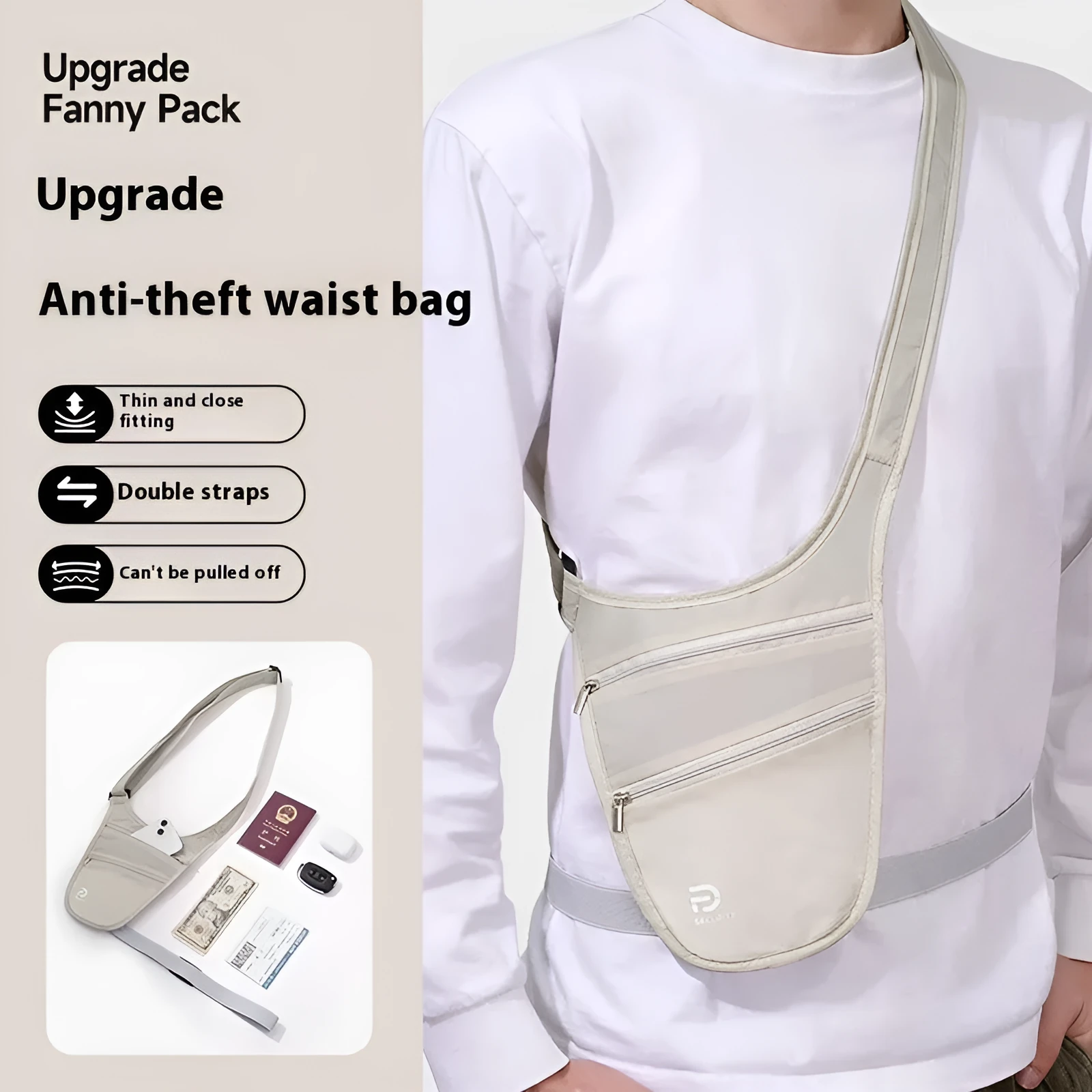 Anti-theft nylon document waist bag in solid colour for personal travel abroad