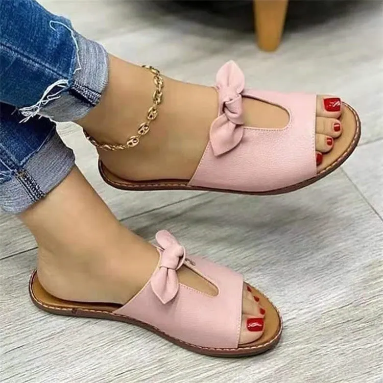 Ladies fish mouth style sandals with bow detail in black, pink, or gold colours