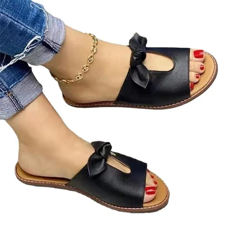 Ladies fish mouth style sandals with bow detail in black, pink, or gold colours