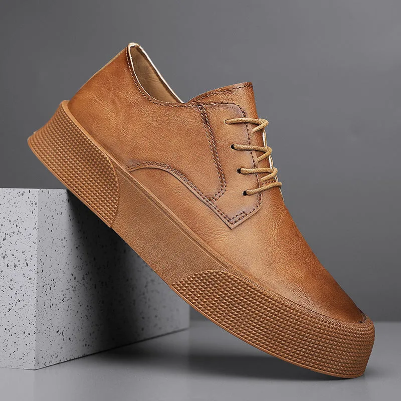 Men's lace-up platform board shoes in brown with artificial PU upper and low top design.