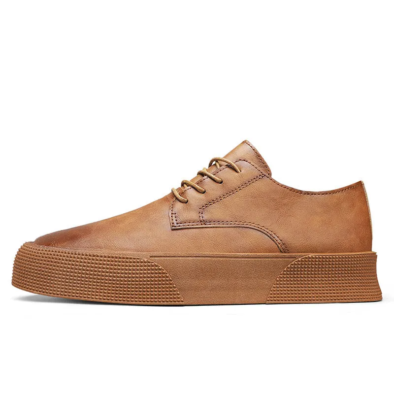 Men's lace-up platform board shoes in brown with artificial PU upper and low top design.