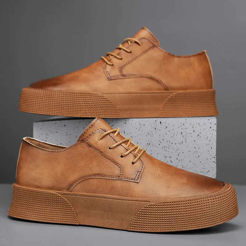 Men's lace-up platform board shoes in brown with artificial PU upper and low top design.