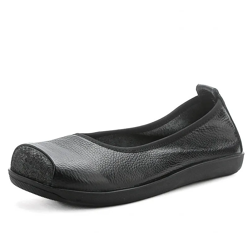 Women's first layer cow leather flat heel pumps in solid colour with rubber sole