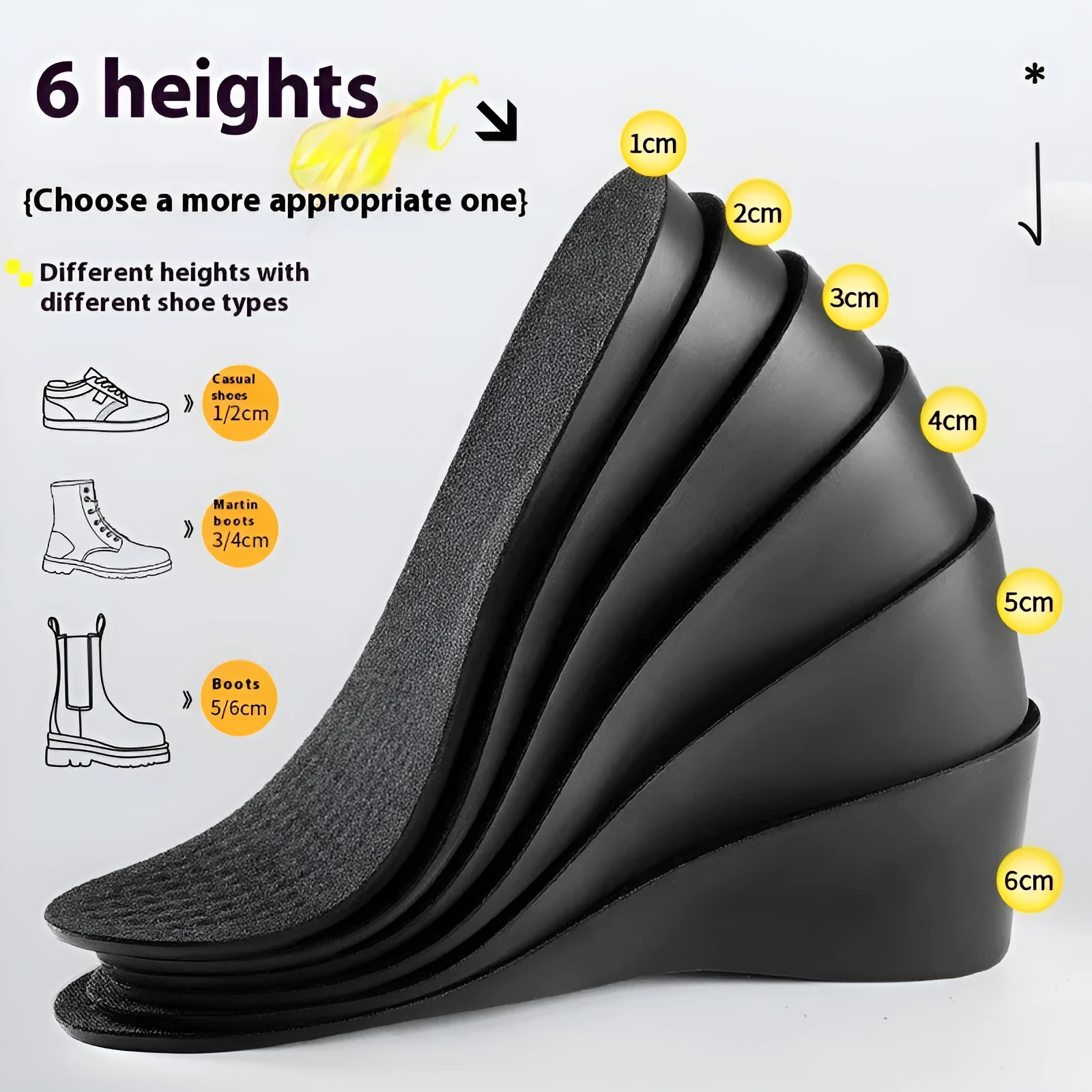 Invisible black PVC height increasing insole for men with 4cm lift, placed inside a shoe