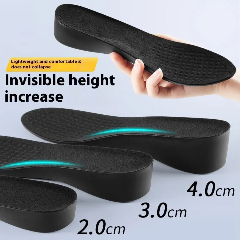 Invisible black PVC height increasing insole for men with 4cm lift, placed inside a shoe