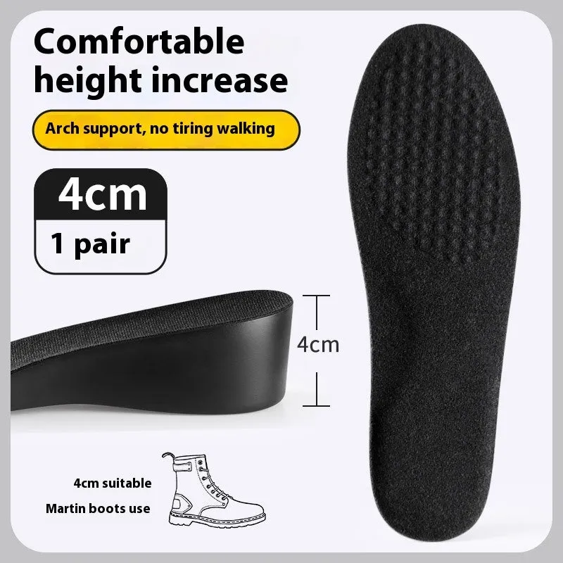 Invisible black PVC height increasing insole for men with 4cm lift, placed inside a shoe