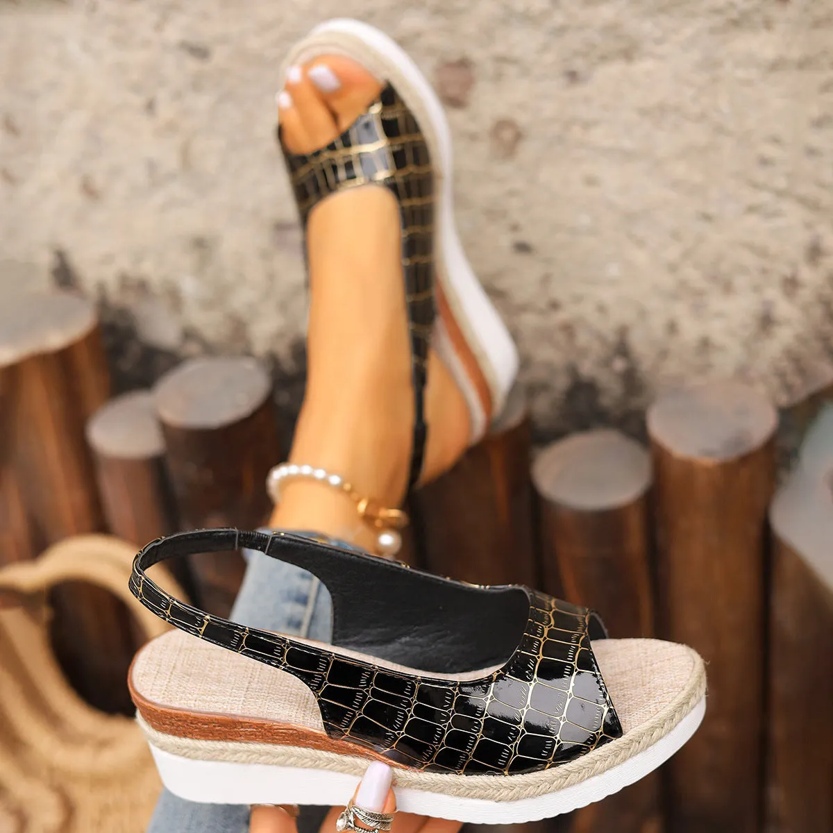 Women's plus size hemp rope cross wedge sandals with suede upper in black, sizes 36-43