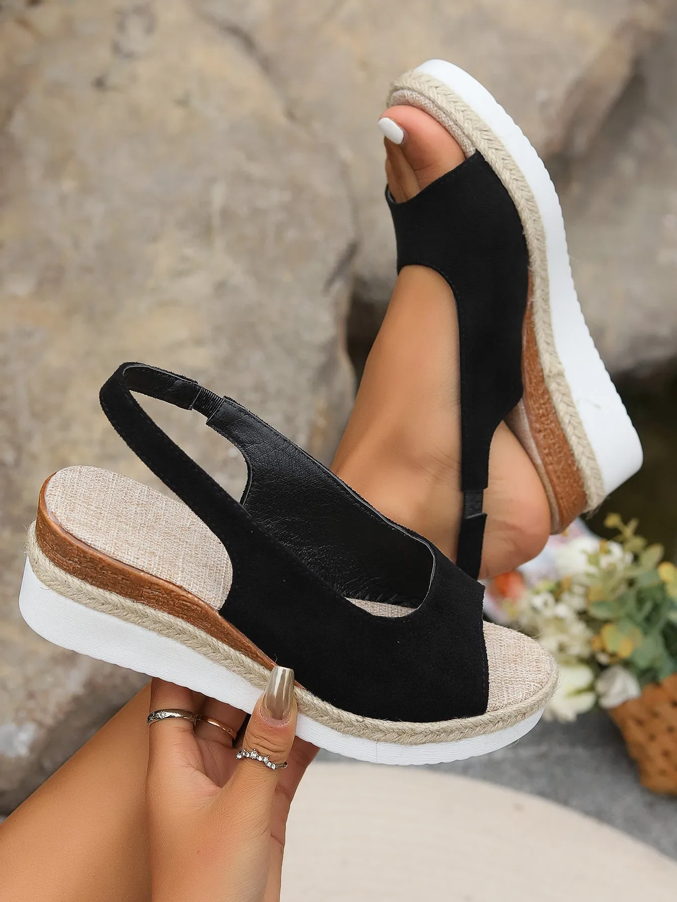 Women's plus size hemp rope cross wedge sandals with suede upper in black, sizes 36-43