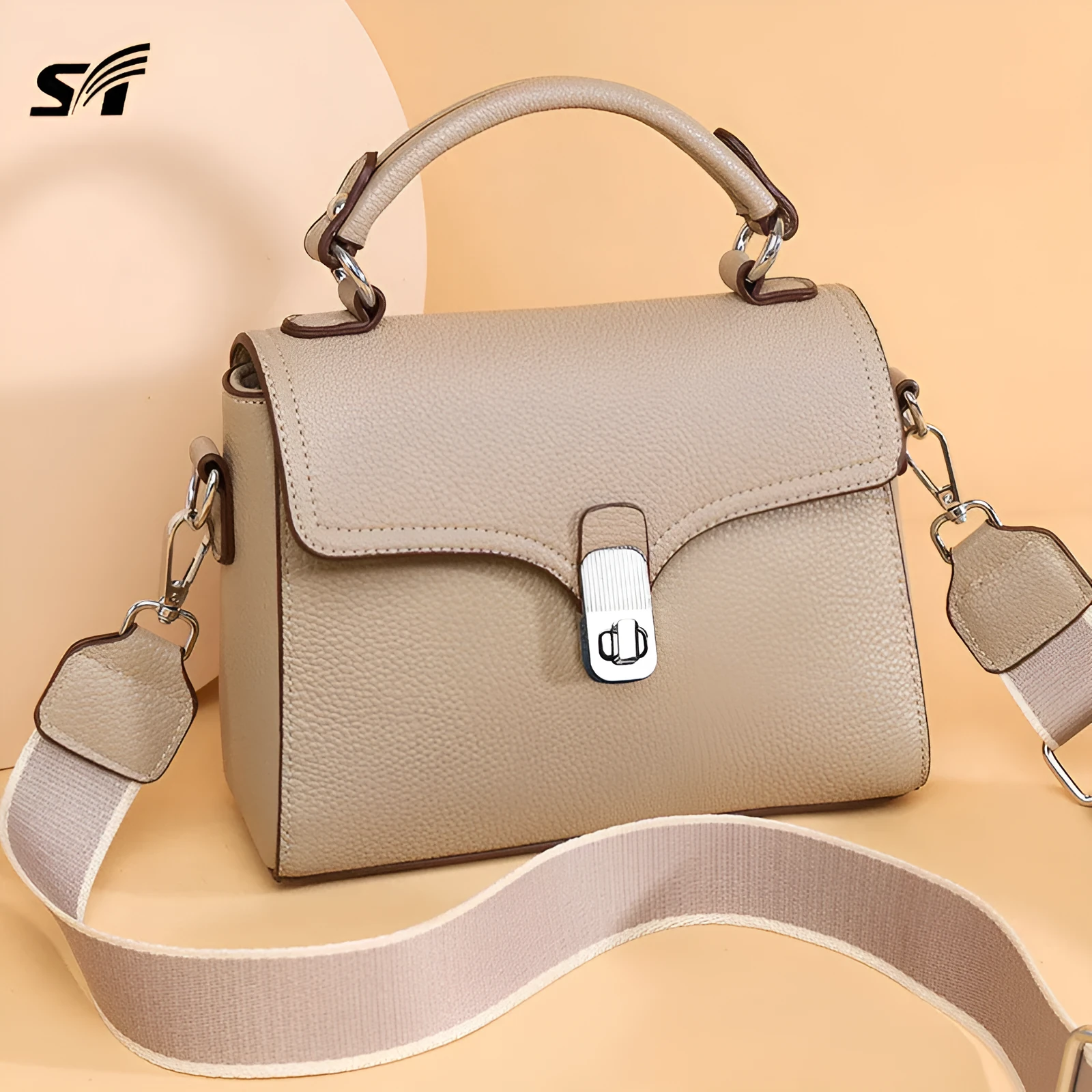 Women's genuine leather cross-body bag oval shape 21x18x9cm sandwich pocket black white khaki blue grey