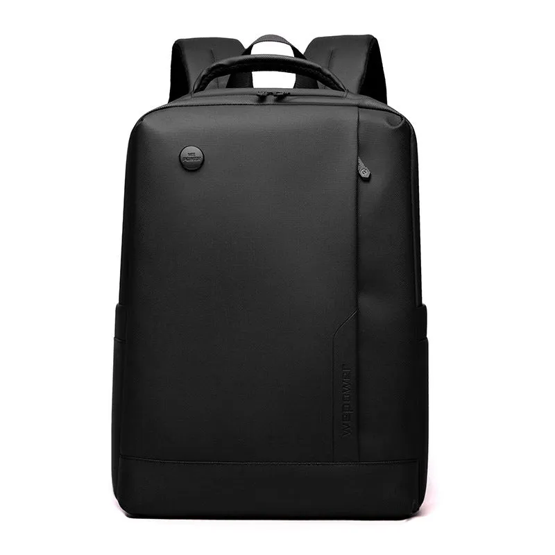 Men's large capacity nylon computer backpack in black with curved shoulder strap and polyester lining