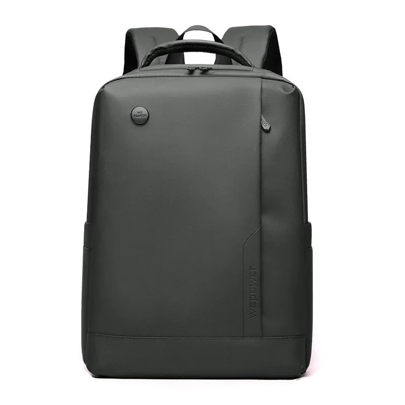 Men's large capacity nylon computer backpack in black with curved shoulder strap and polyester lining