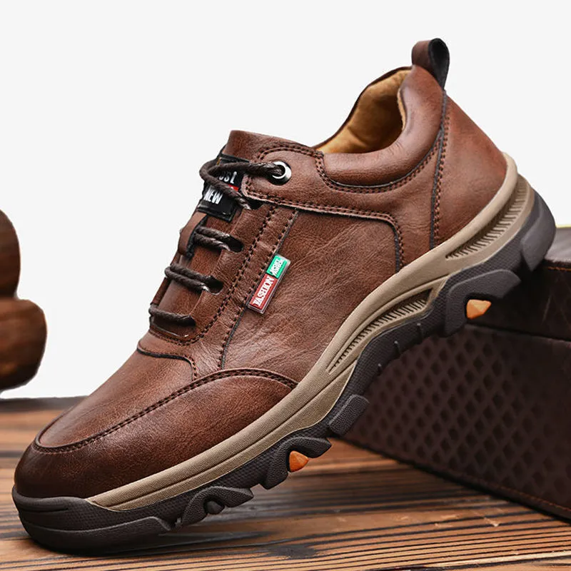 Men's British style round toe leather shoes with front lace-up and rubber sole, available in black and brown