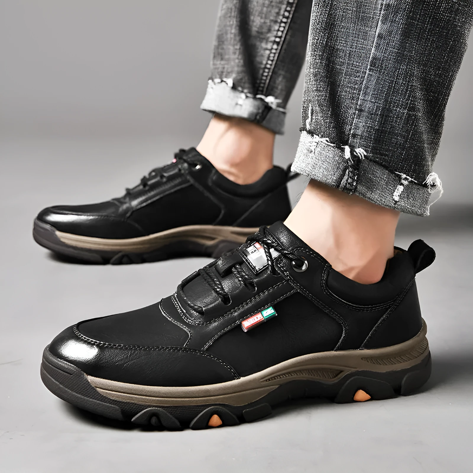 Men's British style round toe leather shoes with front lace-up and rubber sole, available in black and brown