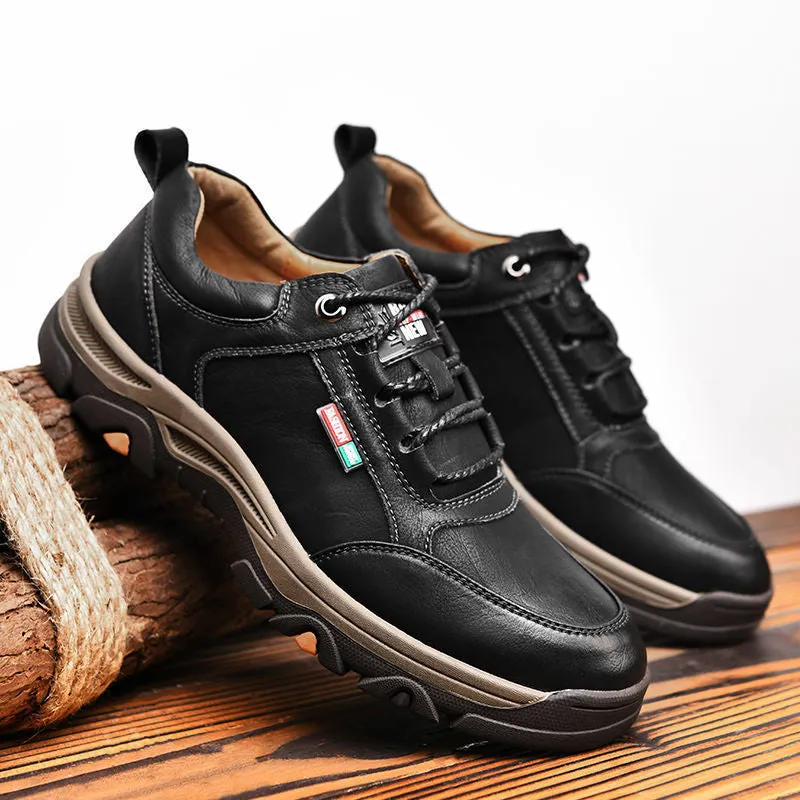 Men's British style round toe leather shoes with front lace-up and rubber sole, available in black and brown