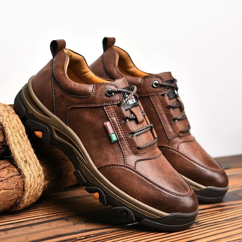 Men's British style round toe leather shoes with front lace-up and rubber sole, available in black and brown