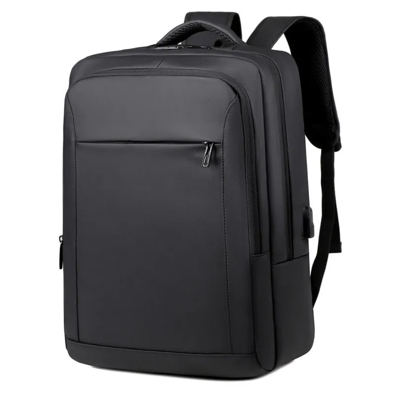 Waterproof laptop backpack in black with USB port and air pillow belt, 20-35L capacity