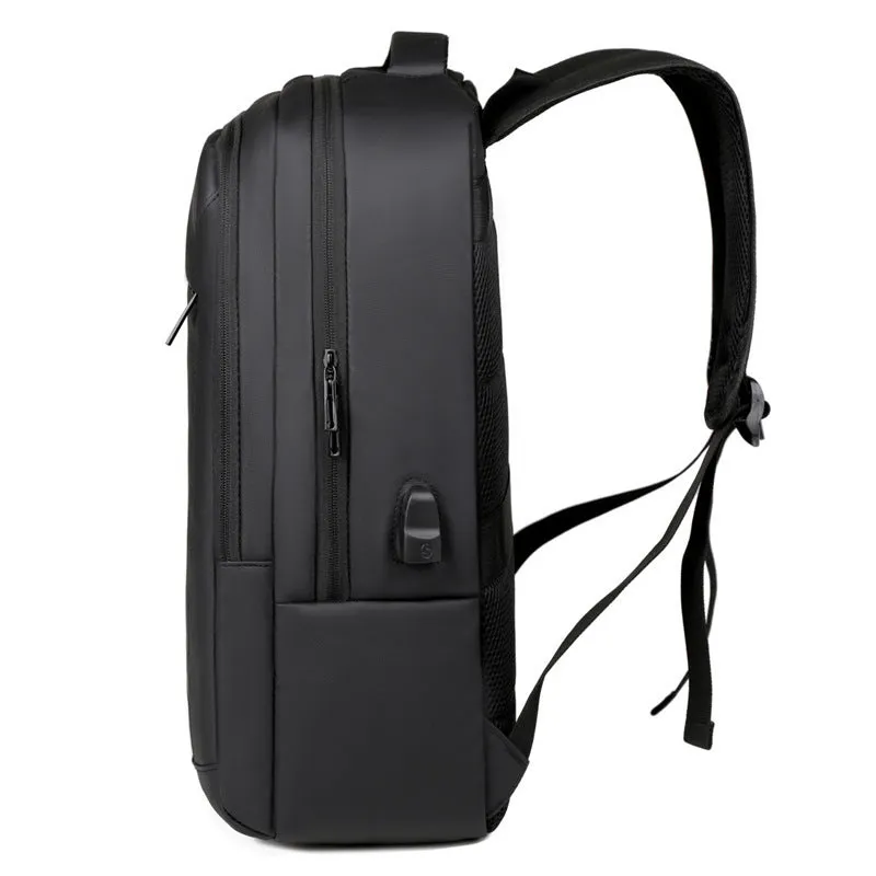 Waterproof laptop backpack in black with USB port and air pillow belt, 20-35L capacity