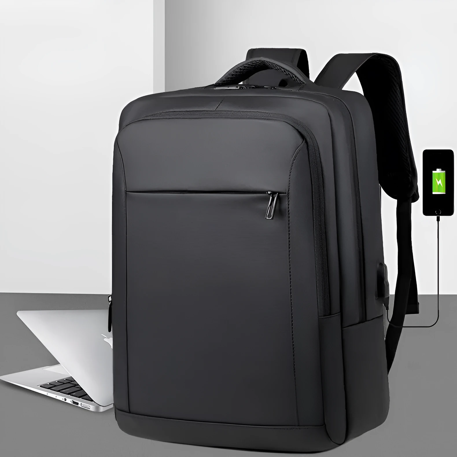 Waterproof laptop backpack in black with USB port and air pillow belt, 20-35L capacity
