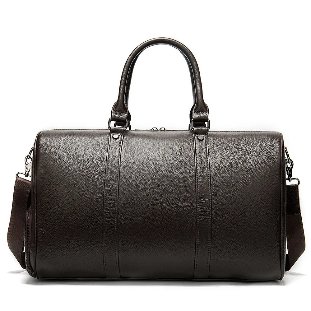 Men's black leather tote bag with single strap and large capacity design