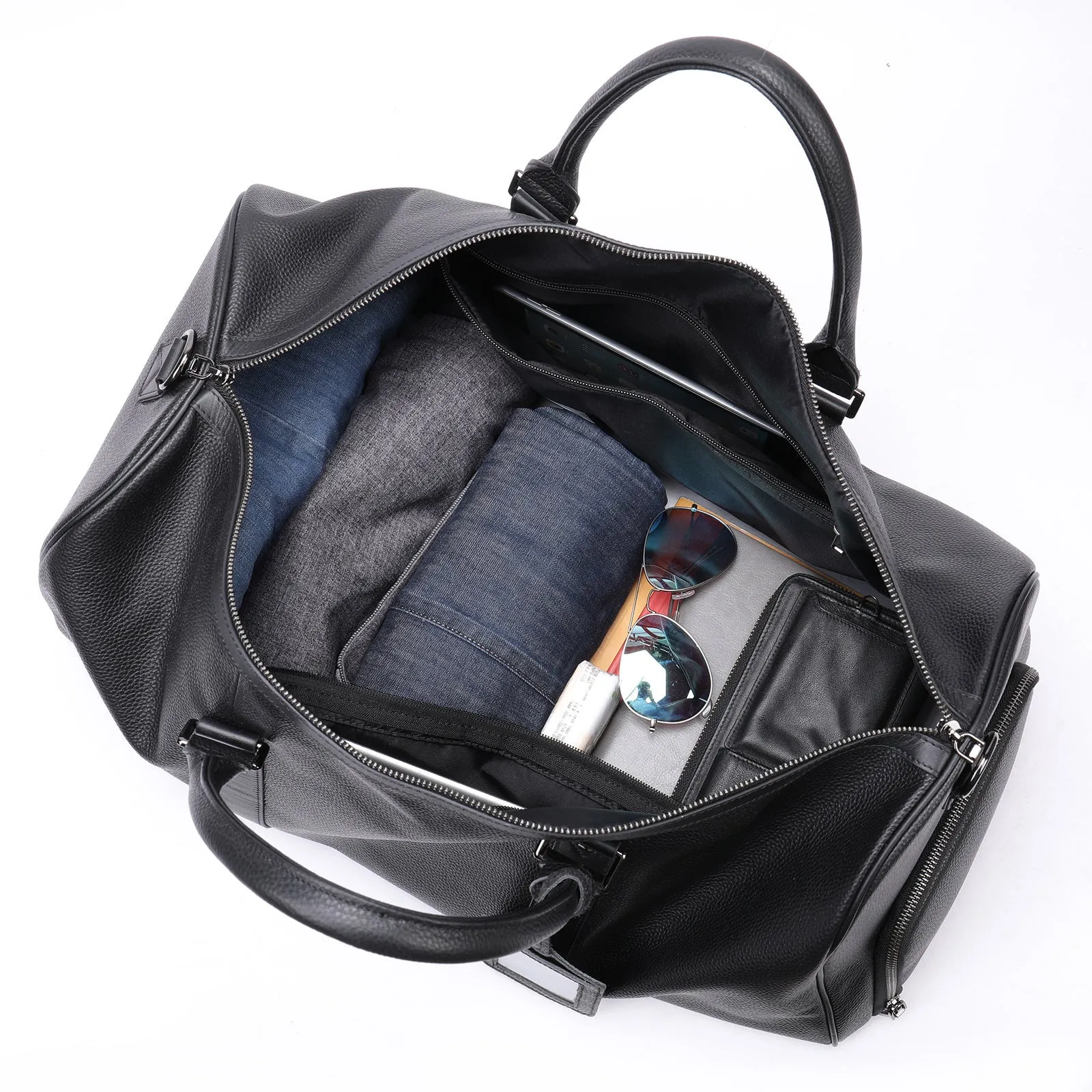 Men's black leather tote bag with single strap and large capacity design